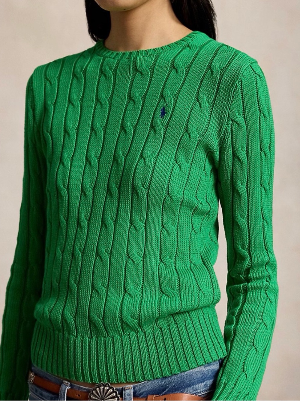 Green Cable Knit Cotton Crewneck Sweater - Polo by Ralph Lauren - XXL